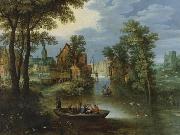 Marten Rijckaert River landscape with religious theme Flight into Egypt oil on canvas